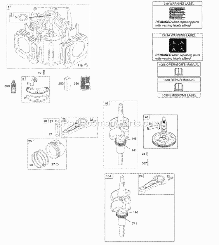 Camshaft Crankshaft Cylinder Piston Rings Connecting Rod Diagram and Parts List for  Briggs and Stratton Engine